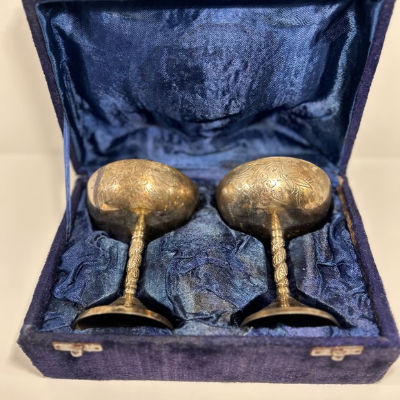 Other - Vintage Silver Plated Cordial Goblets Pair Etched Grape Pattern w Velvet Box